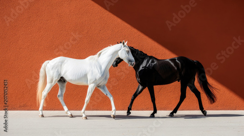 Majestic White and Black Horses against Vibrant Orange Wall with Striking Shadows, Symbolizing Contrast.