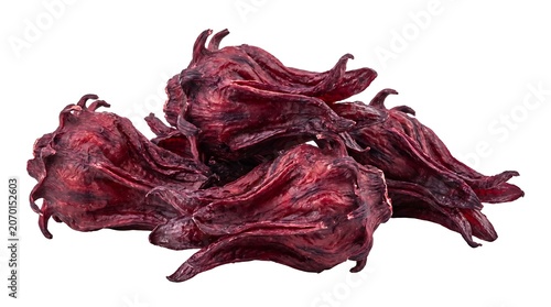 Dried Hibiscus Sabdariffa Calyces for Herbal Tea and Culinary Use Isolated on White Background