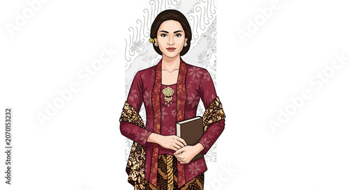 Woman in Traditional Indonesian Clothing Holding Book.