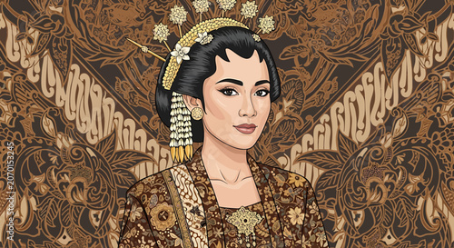 Woman in Traditional Indonesian Golden Headpiece.