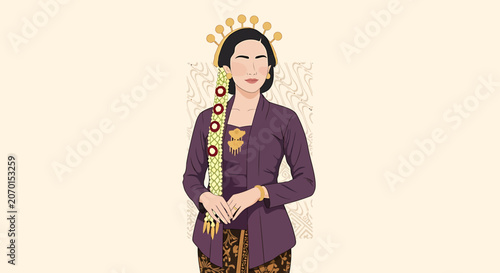 Woman in traditional Indonesian purple attire.