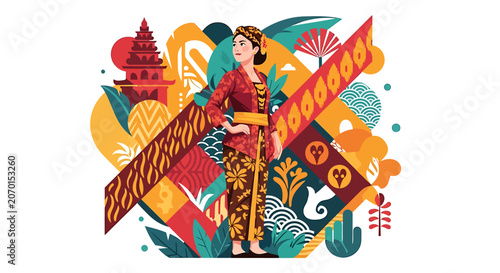 Woman in Traditional Indonesian Colorful Costume.
