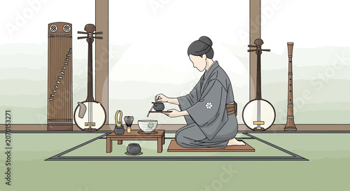 Woman in traditional Japanese clothing sitting.