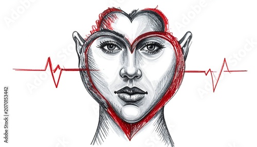 A stylized pencil sketch depicts a woman's face integrated with a red heart and heartbeat graphic