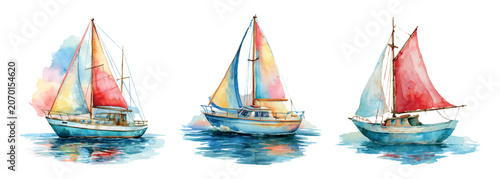 Fotografía Colorful watercolor sailboats glide across a serene ocean, their vibrant sails r