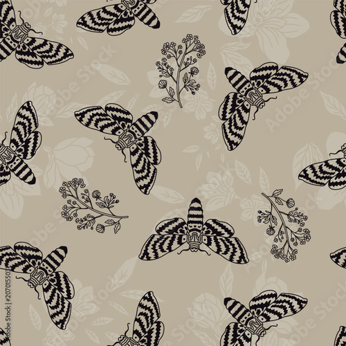 Black Moths and Botanical Vector Seamless Pattern
