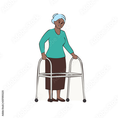 Elderly woman using a walker, flat vector illustration
