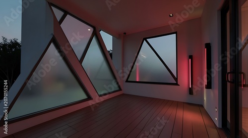 Modern interior featuring triangular windows and neon lighting in a sleek architectural room.
