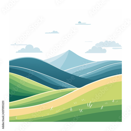 Flat design mountain landscape with green hills and blue sky