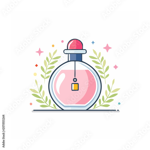 Flat Design Perfume Bottle with Pink Liquid and Green Leaves