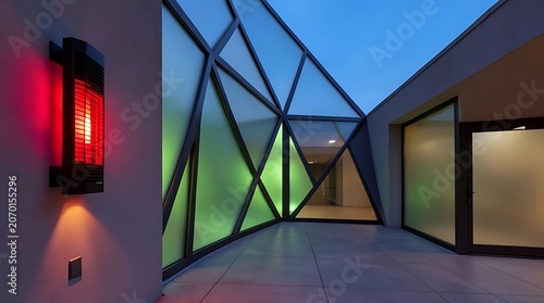 Angular Glass Corridor at Twilight: Neon Lit Modern Interior.