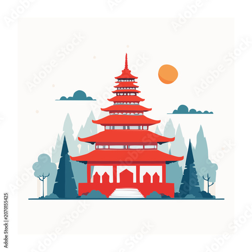 Red Pagoda with Bridge and Trees in Flat Design
