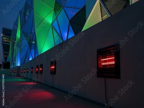 Colorful Geometric Glass Facade Illuminated at Night.