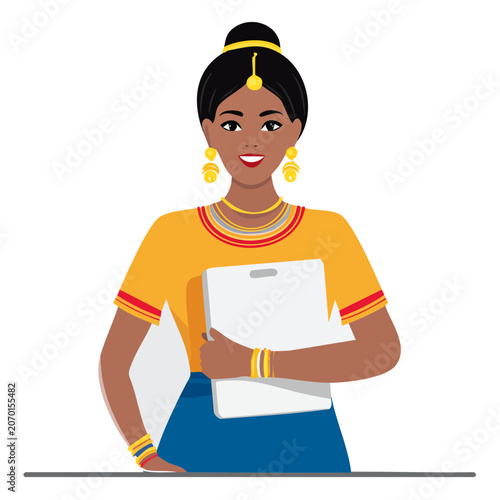 Woman in traditional attire holding a tablet