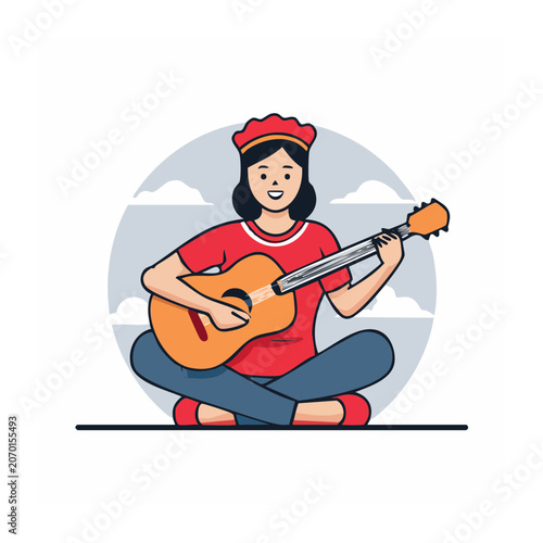 Woman playing acoustic guitar in flat illustration style