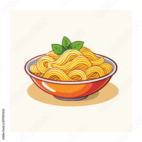 Cartoon illustration of spaghetti in a red bowl
