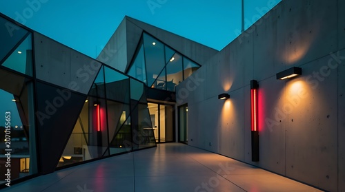 Modern angular building exterior illuminated at dusk with glass facade and contemporary design.