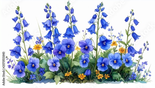 Enchanting Blue Flowers - A Watercolor Painting of a Floral Arrangement.