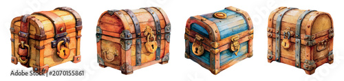 Valokuva Assorted watercolor treasure chests featuring various vintage wooden designs, de