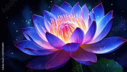 Enchanting Blue Lotus Blossom Radiating Light in the Darkness.