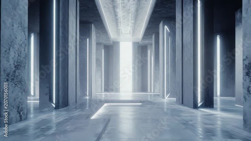 Modern minimalist architectural corridor with illuminated vertical columns and neon glow, sleek concrete and metallic surfaces forming a futuristic pathway to innovation and virtual space