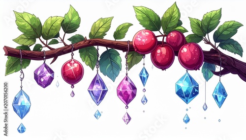 Enchanting Branch - Berries and Sparkling Gemstone Ornaments Illustration.