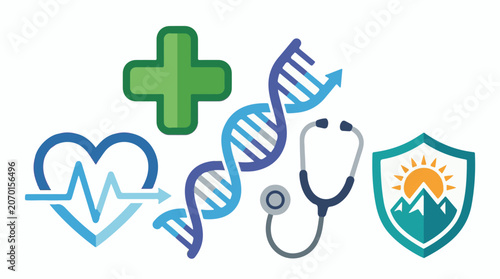A medical graphic illustration with a green cross symbol DNA double helix stethoscope heart rate line and shield wit