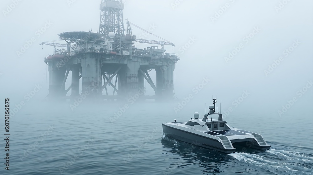 Obraz premium Solar powered modern boat near offshore oil rig platform in fog