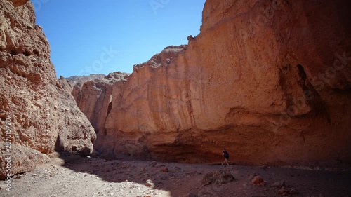 Solo hiker walks through towering red rock canyon walls on Natural Bridge Hike in Death Valley National Park. Dramatic orange sandstone cliffs rise against clear blue sky in arid desert landscape.