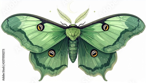 Elegant Luna Moth Illustration - A Detailed Depiction of Natures Beauty.