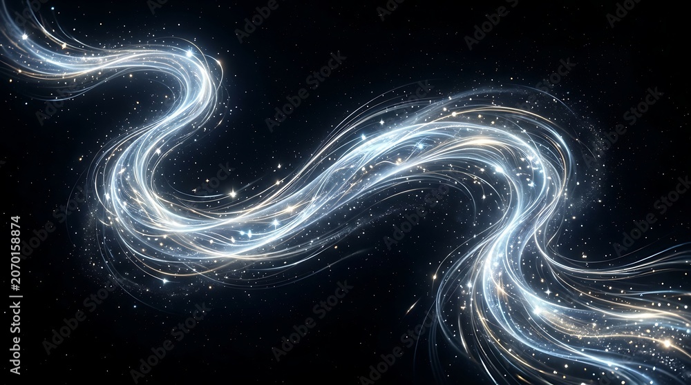 Obraz premium Glowing light trails flow through a deep dark expanse creating elegant swirling patterns of brilliant white energy and sparkling particles that shimmer with ethereal cosmic beauty