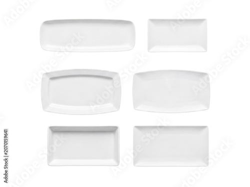 Cuadro en lienzo Six distinct rectangular white ceramic plates and platters, isolated on a transparent background