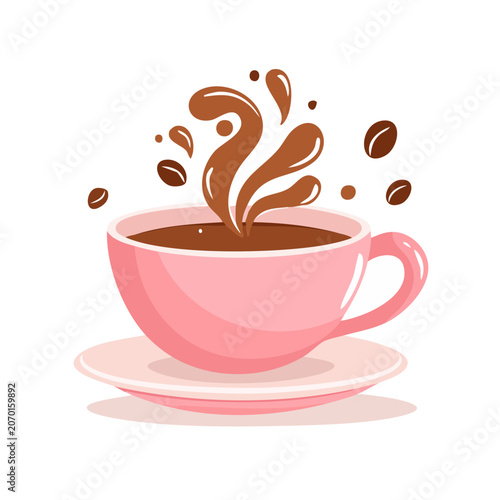 Pink coffee cup with steam and beans vector illustration