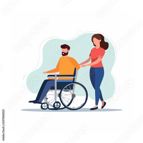 Woman pushing man in wheelchair flat vector illustration