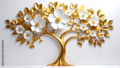 A stylized golden tree adorned with white paper flowers and gold leaves on a white background. It represents natural beauty