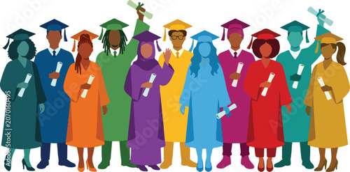 Fotografie Diverse graduates wearing colorful academic regalia with diplomas
