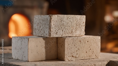 Close-up view of stacked industrial ceramic insulation bricks with rough texture