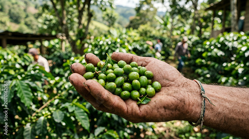 Coffee farmer holding green coffee beans in lush plantation
