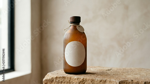 Artistic bottle on a stone surface with a blank label and natural background

