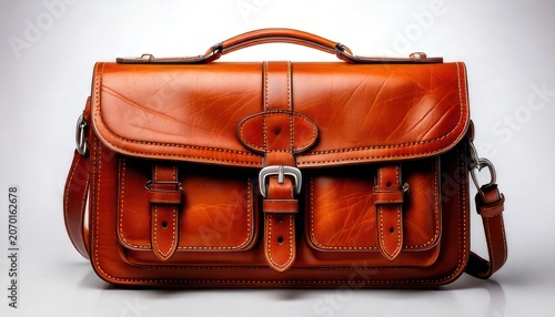 Elegant brown leather satchel with buckle closures and shoulder strap.