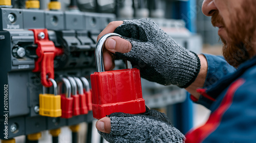 Lockout tagout procedure being performed by maintenance electrician affixing personal safety padlock to isolation switch panel, multiple locks hasp energy control group lockout industrial electrical