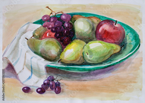 A watercolor still life with fruits in a green plate.