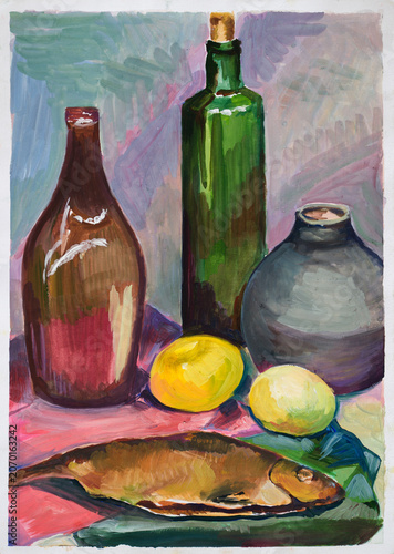 An academic still life with fish, lemons, bottles and a jug painted in gouache