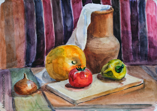 A still life study in gouache, depicts rustic objects in a decorative style