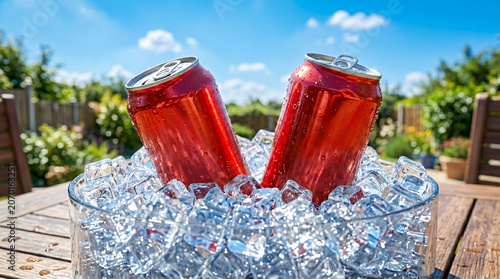 Chilled red cans in ice on a sunny garden background
