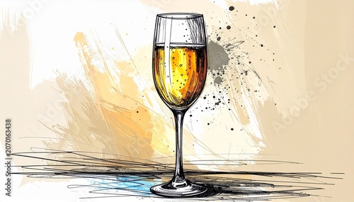 Elegant champagne glass illustration with watercolor splashes and artistic flair.