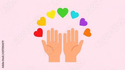 Colorful heart symbols surrounding hands on pink background