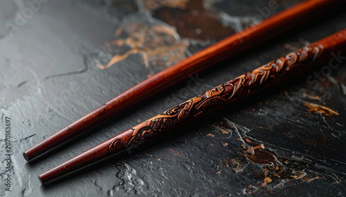 Elegant chopsticks on dark textured surface for Asian cuisine.
