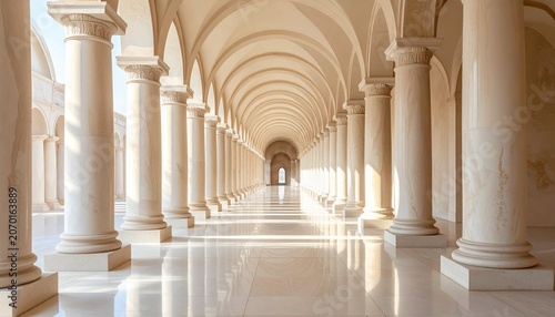 Elegant colonnade with arches and light, creating a serene atmosphere.