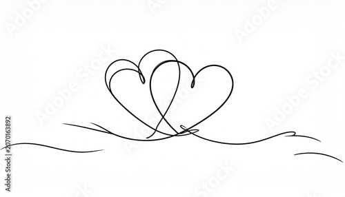 Elegant continuous line drawing of two intertwined hearts symbolizing love.